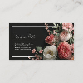 Cartão De Visita Elegante Rosa Poenta Floral Retangular Preto