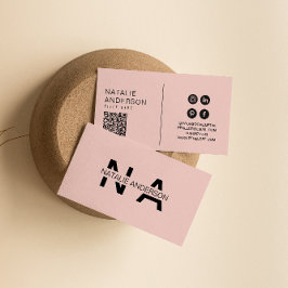 Cartão De Visita Elegante rosa QR Code Monograma Logotipo Boho Girl