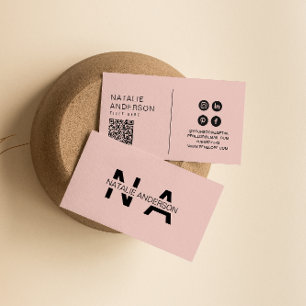 Cartão De Visita Elegante rosa QR Code Monograma Logotipo Boho Girl