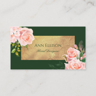 Cartão De Visita Elegante Rosa Verde Dourado Floral Floristas Rosas