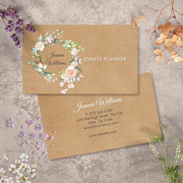 Cartão De Visita Elegante Rustic Kraft Boho Rosa Garland Floral (Elegant Rustic Kraft Boho Rose Garland Floral Business Card)