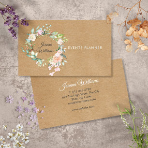 Cartão De Visita Elegante Rustico Kraft Boho Rosa Grinalda Floral 