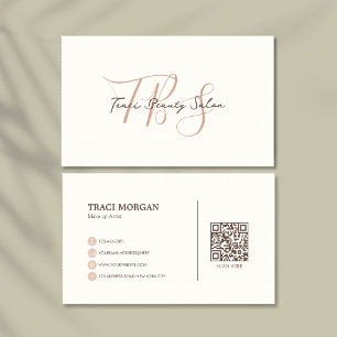 Cartão De Visita Elegante Script Feminino Código QR Rosa Creme