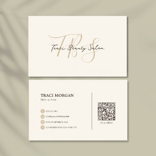 Cartão De Visita Elegante Script Feminino Creme Bege Código Qr