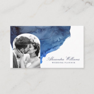 Cartão De Visita Elegante Script Foto em Aquarela Azul Profissional