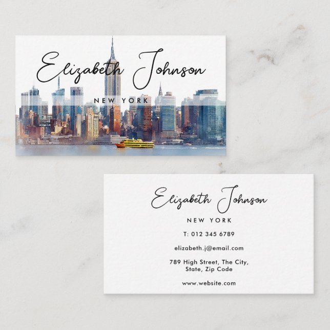 Cartão De Visita Elegante Script Stylish Nova York Horizonte (Frente/Verso)