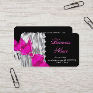 Cartão De Visita Elegante Seda Preta Prata com Laço Rosa Quente