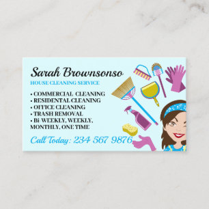 Cartão De Visita Elegante Senhora de Limpeza Cartoon Limpeza de Cas