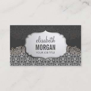 Cartão De Visita Elegante Silver Damask - Na moda de Vintage Modern
