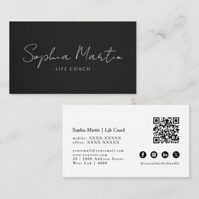 Cartão de Visita Elegante Simples Código QR Preto (Frente/Verso)