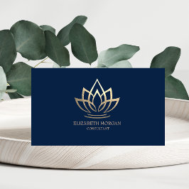 Cartão De Visita Elegante Simples Moderno Dourado Lótus Azul Marinh