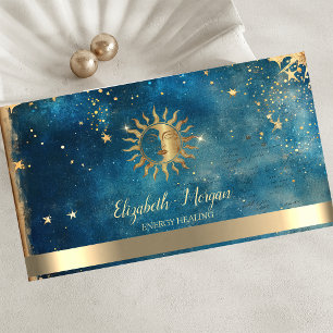 Cartão De Visita Elegante Sol Estrelas Água-forte Azul Dourado