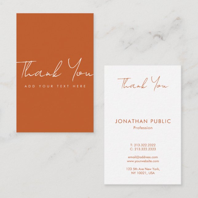 Cartão De Visita Elegante Terracotta Obrigado Trendy Vertical (Frente/Verso)