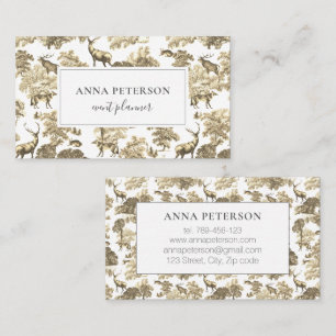 Cartão De Visita Elegante Toile de Jouy Bege Marrom com Veado na Fl