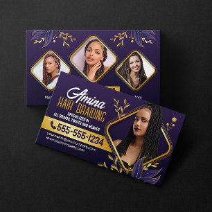 Cartão De Visita Elegante Trança Africana de Cabelo Roxo e Dourado 