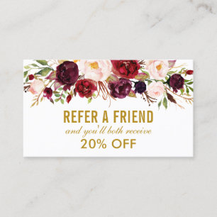 Cartão De Visita Elegante Watercolor Burgundy Referral Floral