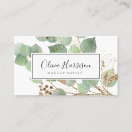 Cartão De Visita Elegante Watercolor Folha Dourada verde