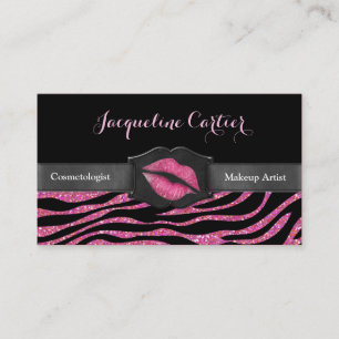 Cartão De Visita Elegante Zebra Rosa Glitter Kiss Cosmetólogo