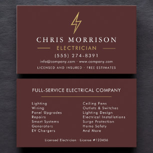 Cartão De Visita Eletricista Moderno Burgundy Dourado Minimalista