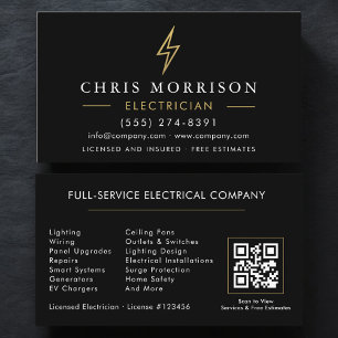 Cartão De Visita Eletricista Moderno Código QR Preto Dourado Minima