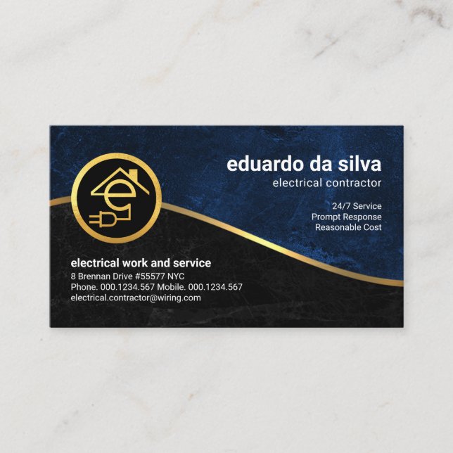 Cartão De Visita Elétrico de Onda Dourada Azul Preto Grunge (Frente)