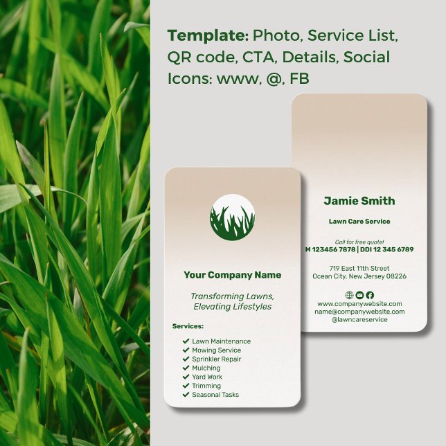 Cartão De Visita Elevação do Serviço de Leis Personalizado de Estil (Elevating Lifestyles Custom Lawn Care Business Card, Green Grass Logo, Service List, Icons)