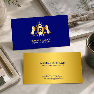 Cartão De Visita Emblema Real Cavalos Ouro Luxuoso Azul Inicial