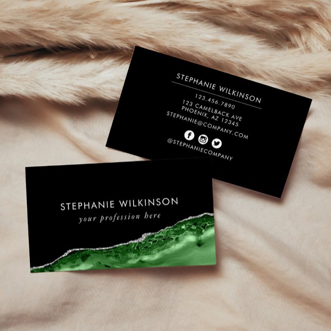 Cartão De Visita Emerald Green Agate e Silver Glitter Border Black (Green Agate & Silver Glitter Border Black Business Card)