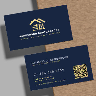 Cartão De Visita Empresa de construção código QR dourado marinho mo