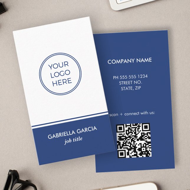 Cartão de Visita Empresarial Azul Simples com Logo (Customize with your logo, name, job title, company details and QR Code for a branded look.)