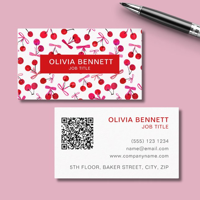 Cartão de Visita Empresarial Código QR Cereja & la (Cherry and pink bow cute illustrated professional business cards with custom text and QR code.)