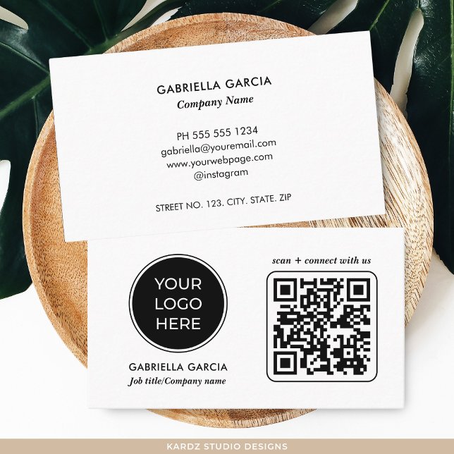 Cartão de Visita Empresarial com Logo Escaneável B (Add your logo, QR Code, and business information. )