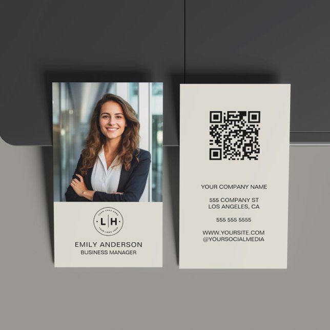 Cartão de Visita Empresarial QR Logo Foto Personal (Modern Minimalist Custom Photo Logo QR Code Business Card)
