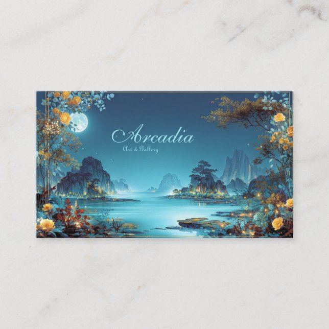 Cartão De Visita Enchanted Night Landscape Gold Floral Moon Lake (Frente)