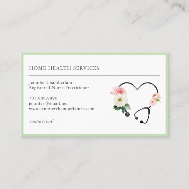 Cartão De Visita Enfermeira de Saúde Doméstica Stethoscope Floral (Frente)