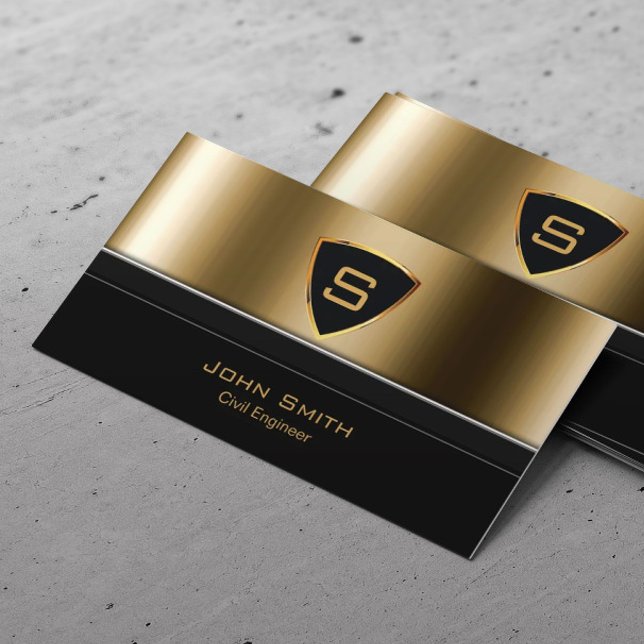 Cartão De Visita Engenheiro Real Dourado Shield Monograma (Criador carregado)