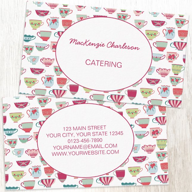 Cartão De Visita Equipes de restauração moderna (Retro tea cup pattern catering cafe bakery custom business card)