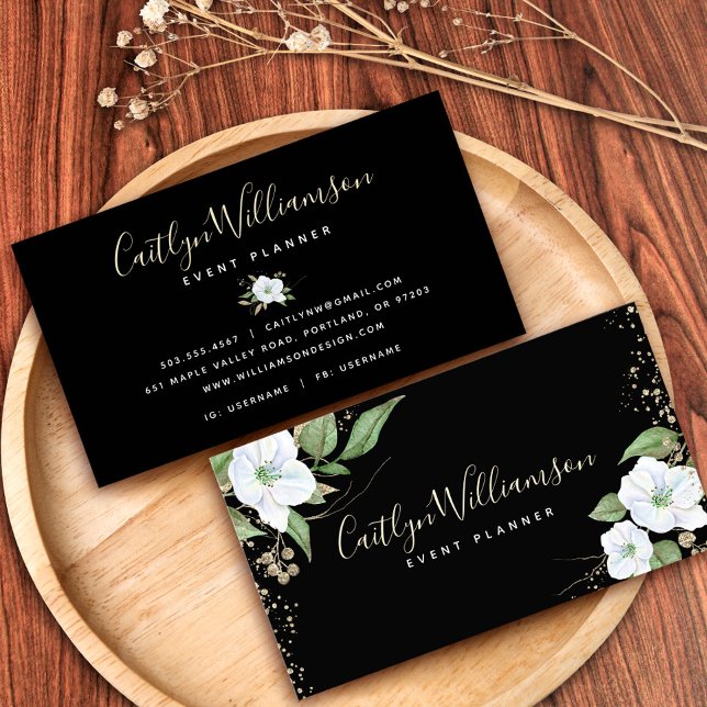 Cartão De Visita Escrita Dourada Preta Moderna com Aquarela Floral  (Criador carregado)