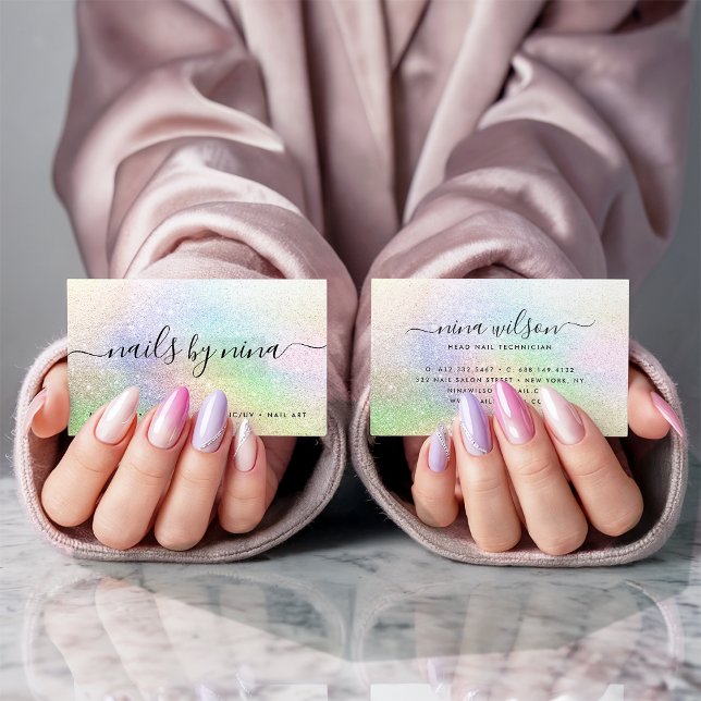 Cartão De Visita Escrita legante - assinatura holográfica - arco-ír (Elegant script signature holograph rainbow glitter)