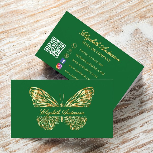Cartão De Visita Escrito com código QR de ouro verde borboleta (Criador carregado)