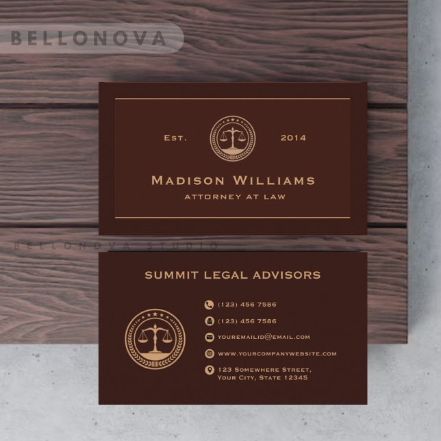 Cartão De Visita Escritório de Lei do Monograma Brown, Maroon Verme (Custom Dark Red Maroon Brown Monogram Law Office Business Card)
