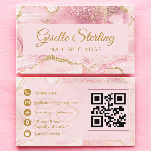 Cartão De Visita Especialista em Unhas Blush Rosa Dourado Ágata QR 