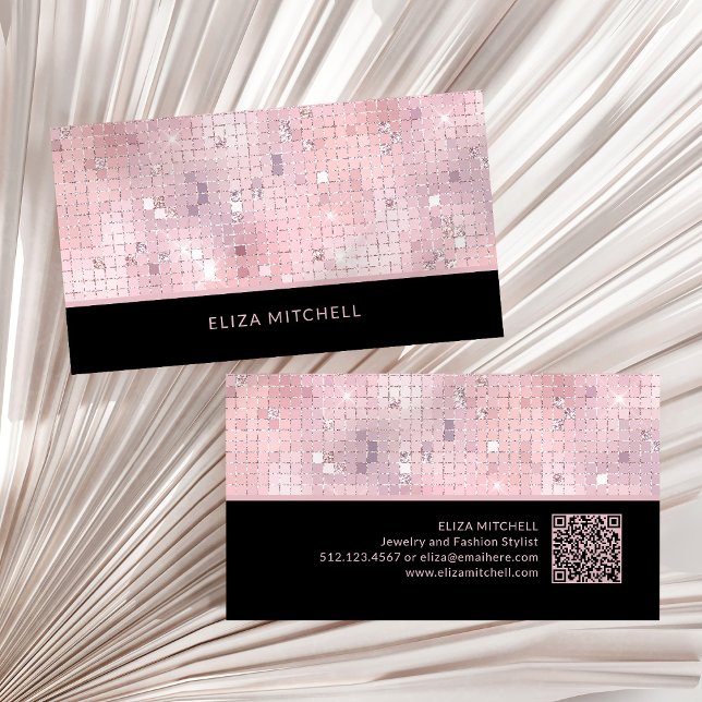 Cartão De Visita Espelho da esfera de disco rosa-claro retrorreflec (A glam, disco-ball inspired business card in blush pink and black with a scannable QR code)
