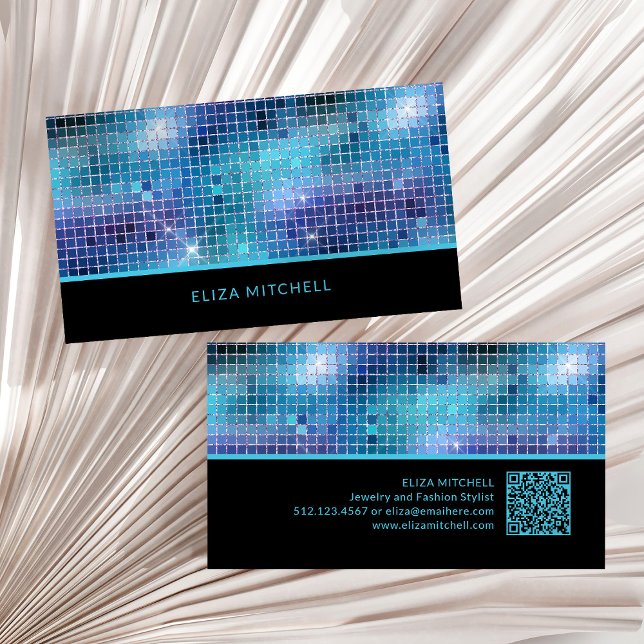 Cartão De Visita Espelho de esfera de disco azul retrorreflector |  (A glam, disco ball inspired business card with bright blue, turquoise and black and a QR code)
