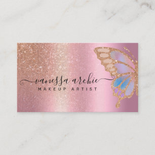 Cartão De Visita Espuma Metálica rosa Dourada Glitter Borboleta Ar