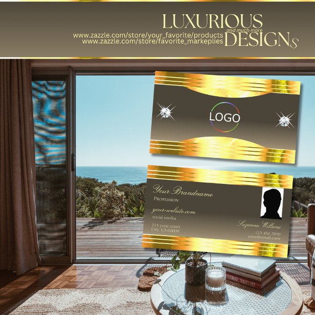 Cartão De Visita Esquisita Beige Brown Dourado Borders Logo e Foto (Criador carregado)