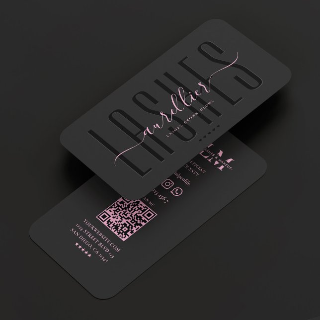 Cartão De Visita Estética Preta Rosa Lashes Maquietando Beleza Arti (Criador carregado)