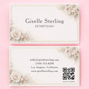 Cartão De Visita Esteticista Floral Neutro Código QR Profissional