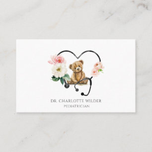 Cartão De Visita Estetoscópio Floral Urso de Pelúcia Pediatra