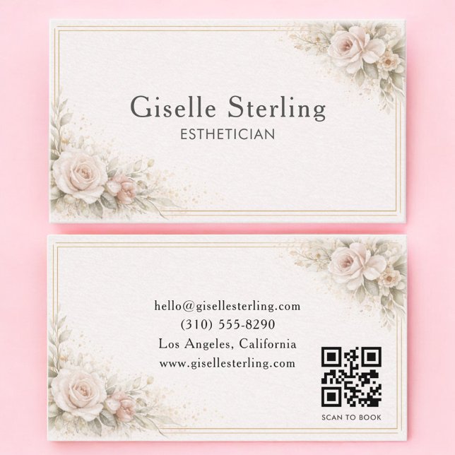 Cartão De Visita Esthetician Floral Neutral QR Code Professional (Criador carregado)